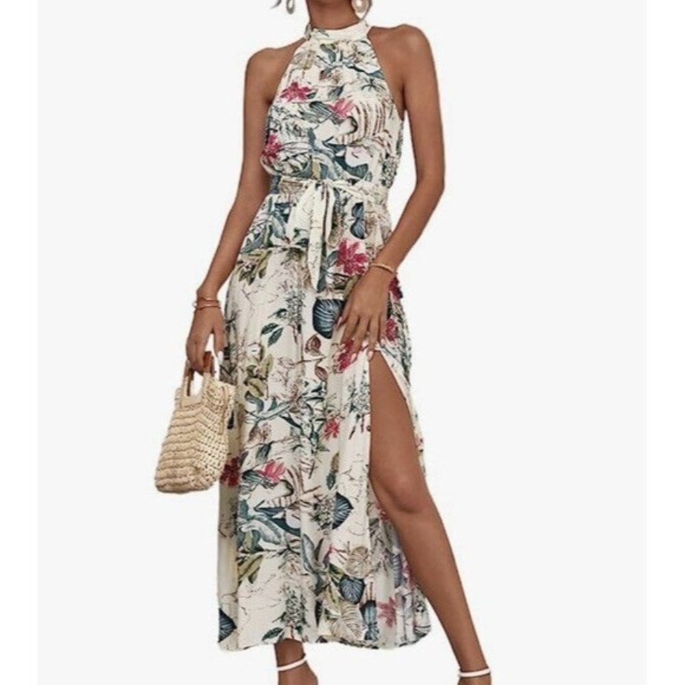Floerns Large Maxi Dress Women Cream Green Tropical Floral Halter Neck Side Slit